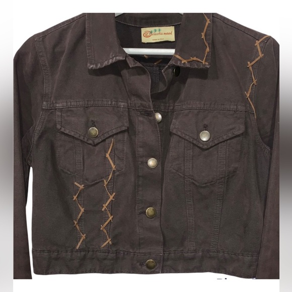 Vintage Cropped Dragon Patch Denim Jacket Brown 42 - Picture 3 of 14